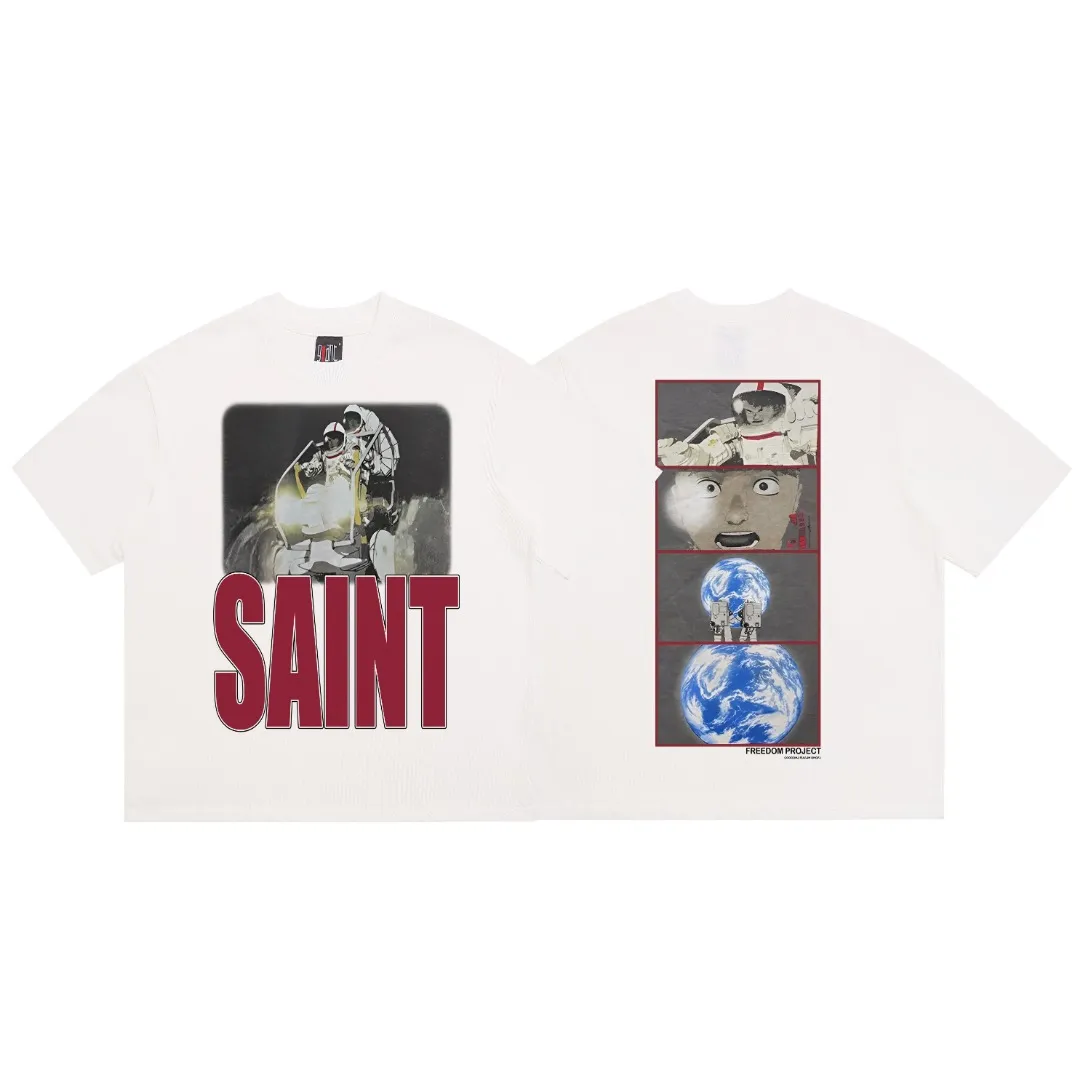Saint Michael space comic print retro Vintage loose short-sleeved T-shirt with digital white ink direct printing. The fabric is breathable and the pattern is three-dimensional and clear. Fabric: Double yarn 240g Style number: S901 Size: S-M-L-XL Color: White Price: P110